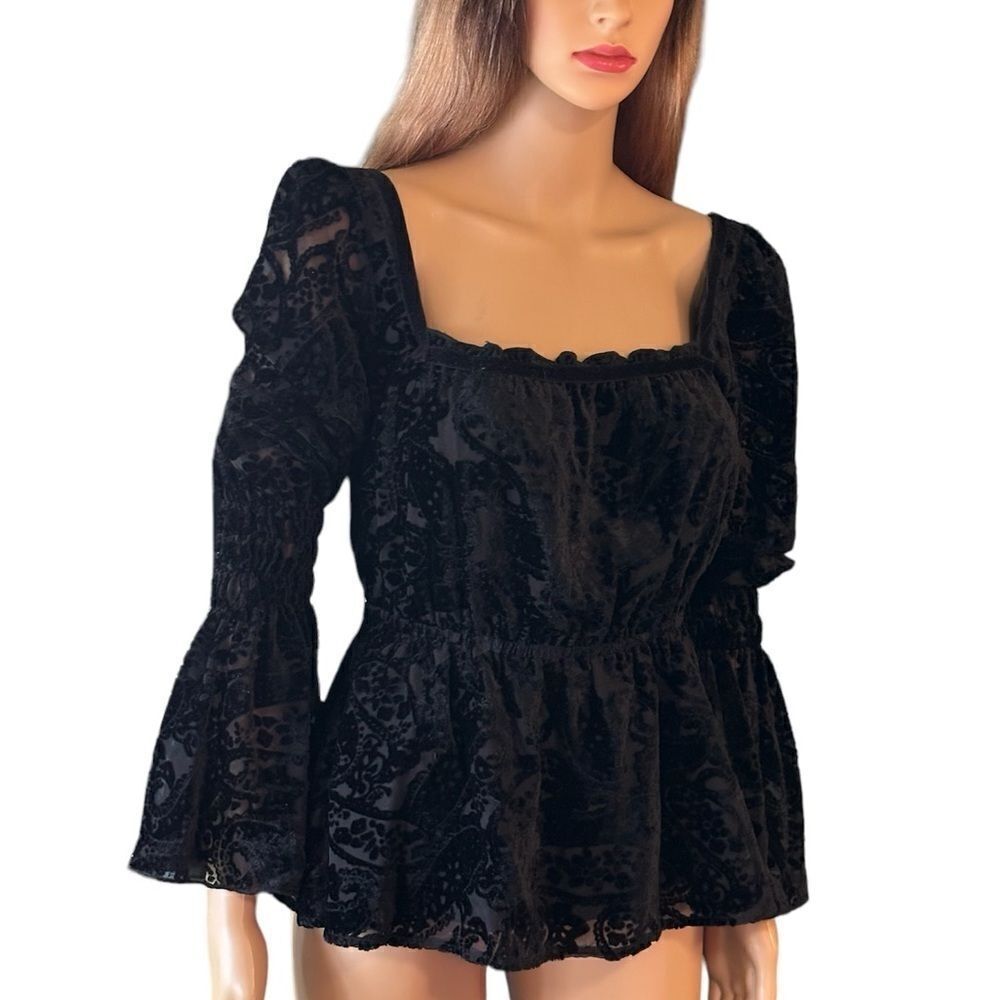 Jawbreaker low square neck smocked waist, smocked bell sleeves, velvet/mesh top